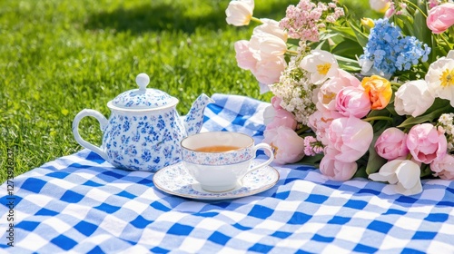 Fototapeta Naklejka Na Ścianę i Meble -  Elegant tea set with colorful flowers placed on a picnic blanket in a sunny garden