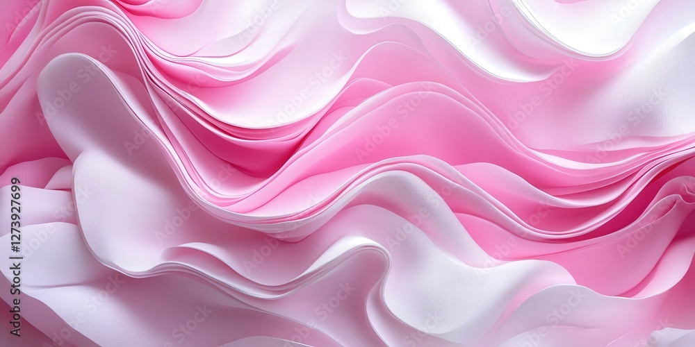 A textured, abstract 3D render of flowing pink and white fabric, with smooth waves creating dynamic movement and depth. The interplay of soft hues adds an ethereal elegance to the scene A textured, abstract 3D render of flowing pink and white fabric, with smooth waves creating dynamic movement and depth. The interplay of soft hues adds an ethereal elegance to the scene