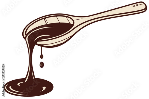  Dark liquid, wooden spoon, dripping syrup, rich brown color, close-up photography, white background, glossy texture, viscous fluid, culinary ingredient, simple composition, contrast, food photograp