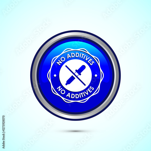 Additives free icon design illustration. No additives symbol for food packaging, Blue color round button design