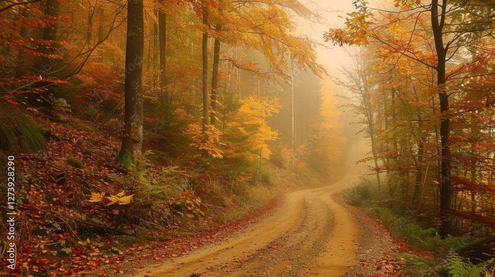 serene forest path surrounded by vibrant autumn foliage, with mist creating mystical atmosphere. earthy tones of dirt road complement warm colors of leaves serene forest path surrounded by vibrant autumn foliage, with mist creating mystical atmosphere. earthy tones of dirt road complement warm colors of leaves