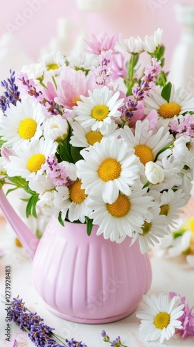 Wallpaper Mural Beautiful white and purple flower arrangement in a vintage watering can on a pastel background Torontodigital.ca