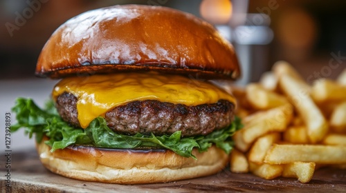 Delicious cheeseburger with fries on a wooden board photo