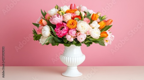 Wallpaper Mural Bright floral arrangement in a white vase against a pink backdrop for spring decoration Torontodigital.ca