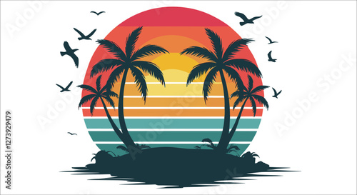 Vintage striped sunset with island palm tree silhouettes, Tropical sunset over beach island with birds flying and palms vector, Palm tree silhouettes on tropical beach with sunset background