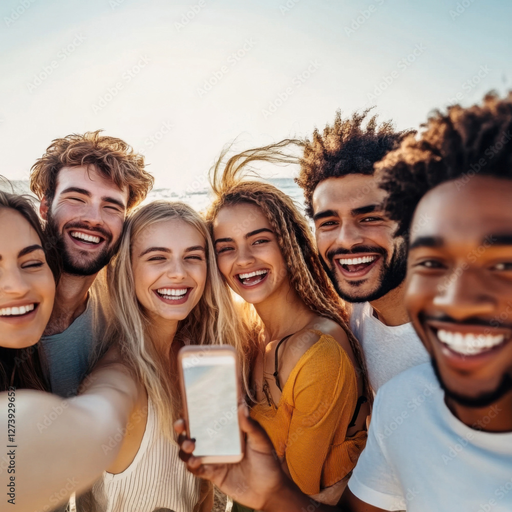 Obraz premium Friends enjoy a sunny beach day, capturing joyful memories with a selfie by the ocean