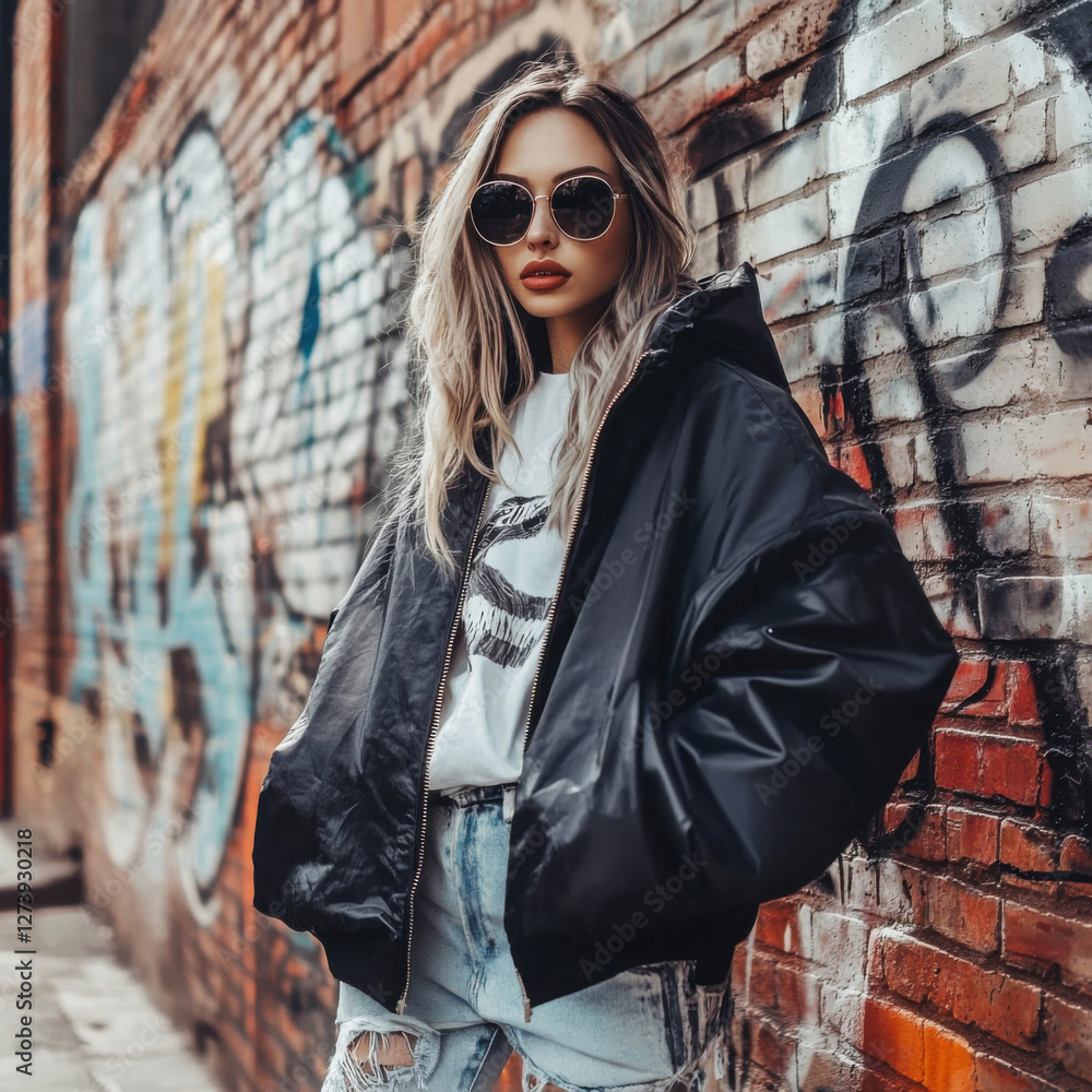 Fototapeta premium Stylish young woman posing confidently against a colorful graffiti backdrop in an urban setting