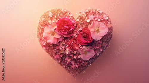 A romantic heart-shaped floral design made of pink and red flowers, surrounded by golden sparkles that add a magical touch. The background transitions from coral to dusty rose.