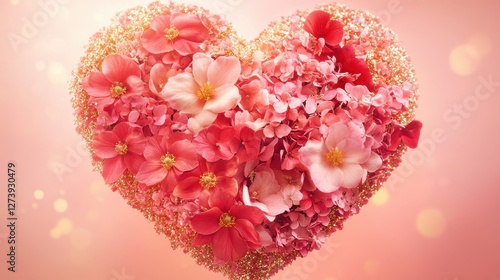 A romantic heart-shaped floral design made of pink and red flowers, surrounded by golden sparkles that add a magical touch. The background transitions from coral to dusty rose.