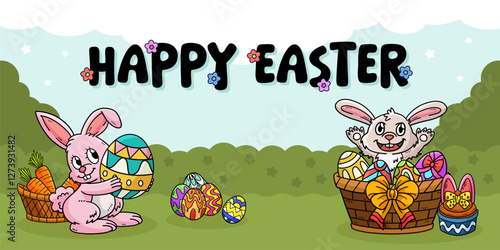 Happy Easter Egg Hunting Poster Panoramic Banner 