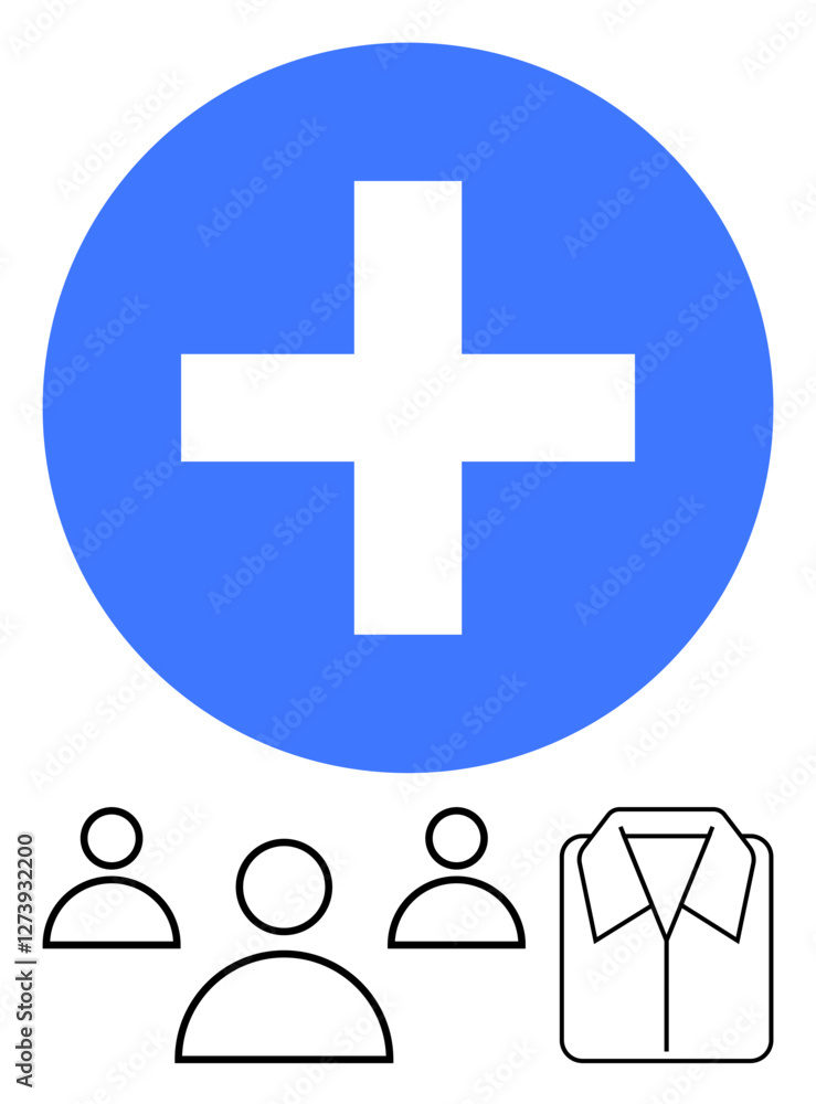 Obraz premium Blue cross in a circle above minimalist people icons and shirt outline. Ideal for healthcare, teamwork, community help, medical staff, inclusivity, employee management, abstract line flat metaphor