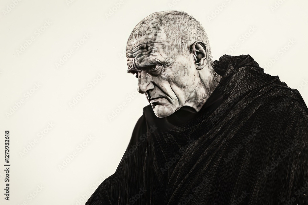 Fototapeta premium An elderly man wearing a dark robe looks down