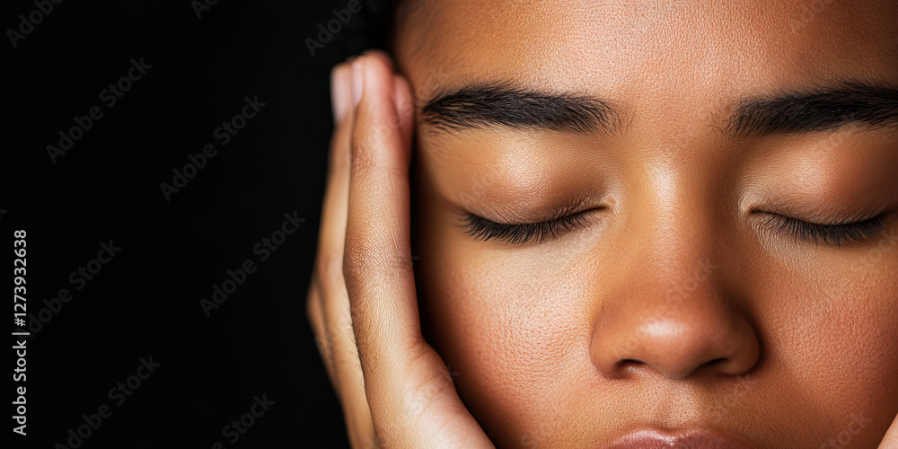 Close-up Portrait: Woman's Face with Closed Eyes and Hands on Temples Close-up Portrait: Woman's Face with Closed Eyes and Hands on Temples
