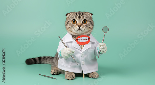 Cat Dentist with Tools Wearing White Coat on Light Green Background