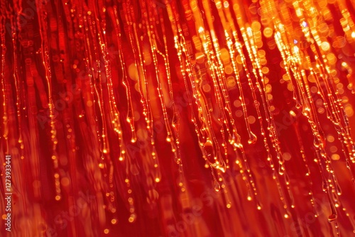 Vibrant red-orange drip texture evokes energy and liveliness in soft lighting