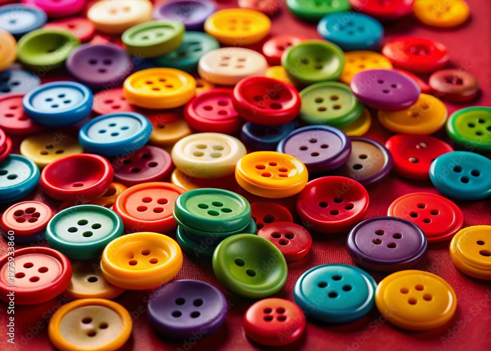 Vibrant Colorful Buttons Scattered on Deep Red Background - Aerial View Stock Photo Vibrant Colorful Buttons Scattered on Deep Red Background - Aerial View Stock Photo