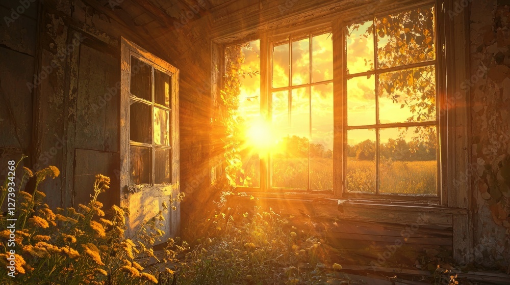 Sunlight Streaming Through an Old Window in a Rustic Setting Sunlight Streaming Through an Old Window in a Rustic Setting