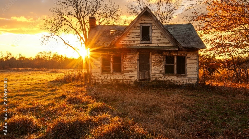 Obraz premium Abandoned House at Sunset with Golden Sky and Overgrown Grass