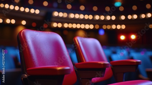 Two red theater seats in focus, with blurred audience seating and illuminated stage lights in background
