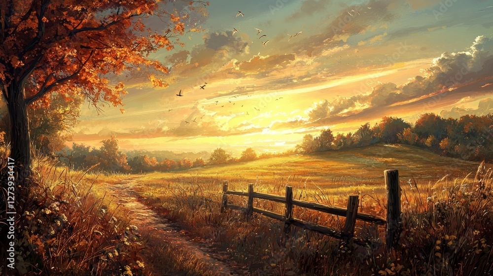 Serene Sunset Over Golden Fields and Autumn Trees in Nature Serene Sunset Over Golden Fields and Autumn Trees in Nature