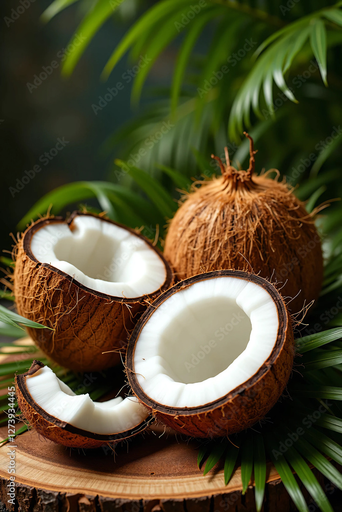 Fresh Organic Coconuts on Rustic Wooden Surface Whole, Halved, and Cracked-Open Coconuts with White Flesh, Brown Husk, and Tropical Palm Leaves Natural, Healthy, and Exotic Food Photography Compositio Fresh Organic Coconuts on Rustic Wooden Surface Whole, Halved, and Cracked-Open Coconuts with White Flesh, Brown Husk, and Tropical Palm Leaves Natural, Healthy, and Exotic Food Photography Compositio