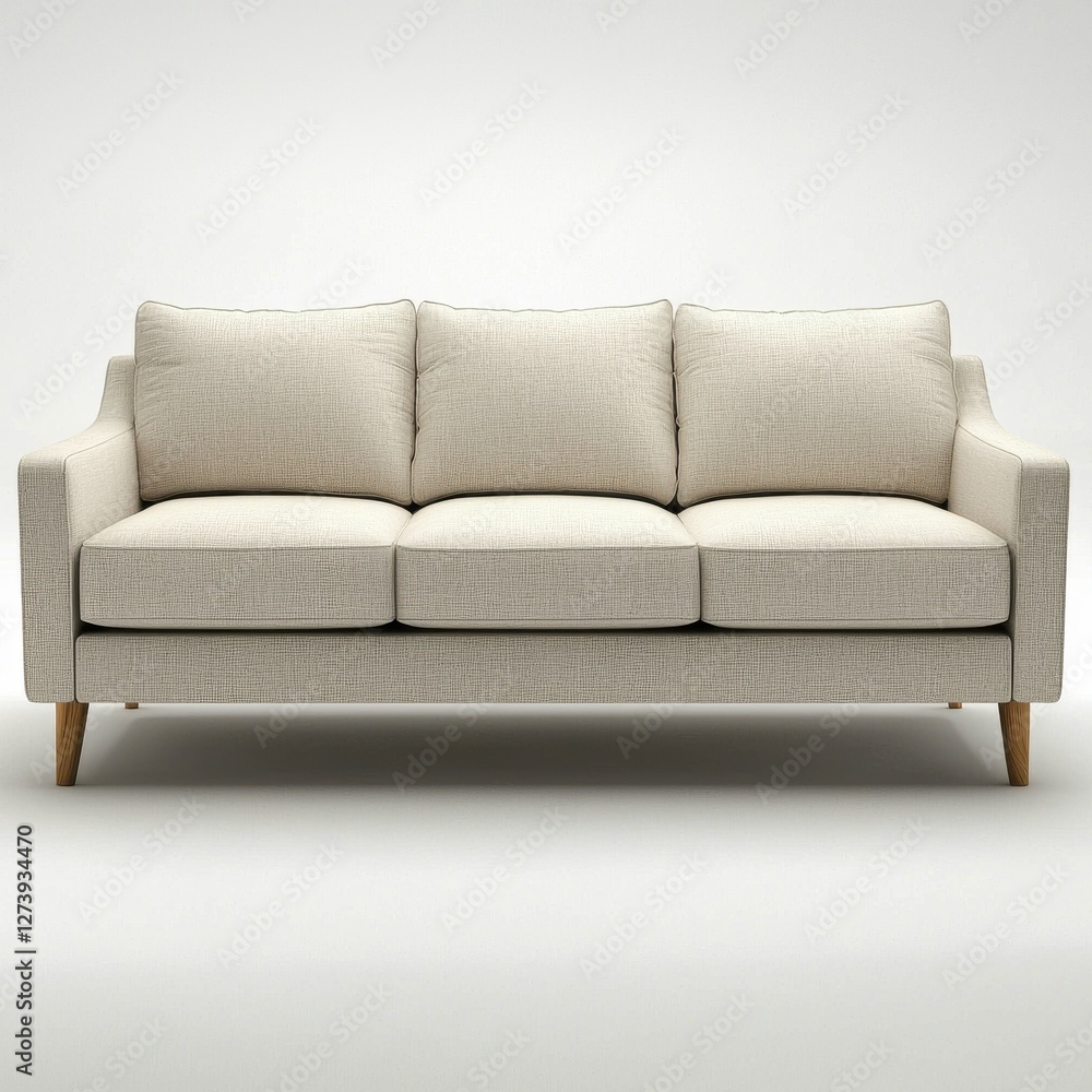 A modern three-seater sofa with neutral upholstery and wooden legs, presented on a clean white background, ideal for showcasing contemporary living room furniture and minimalist design. A modern three-seater sofa with neutral upholstery and wooden legs, presented on a clean white background, ideal for showcasing contemporary living room furniture and minimalist design.