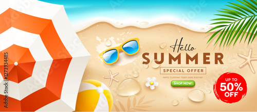Summer sale holiday, beach umbrella and beach ball, sunglasses, water drop, coconut leaf, banner design on sand beach backgeound, Eps 10 vector illustration