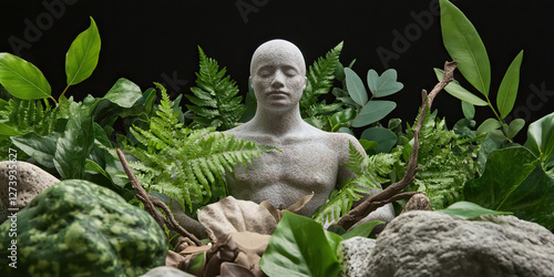 Quadro su tela Stone Torso Statue Surrounded by Green Plants and Rocks