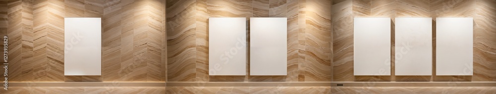 Fototapeta premium Blank Canvases on Luxurious Herringbone Marble Wall – A Triptych Showcasing Elegance, Texture, and Minimalist Harmony