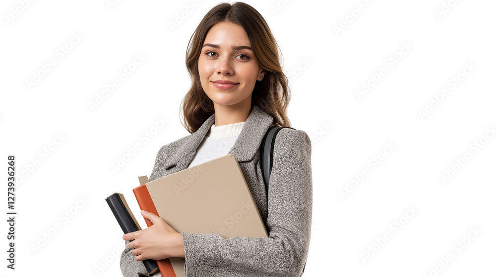 Naklejka premium Female teacher in a professional outfit, holding books in one hand, warm and encouraging look, isolated PNG 