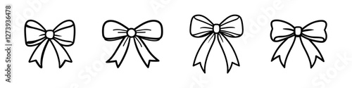 Set of bow silhouettes. Vector black ribbon icons line art. Set of simple decorative holiday ribbon bows for gifts, to decorate hair on white background.	