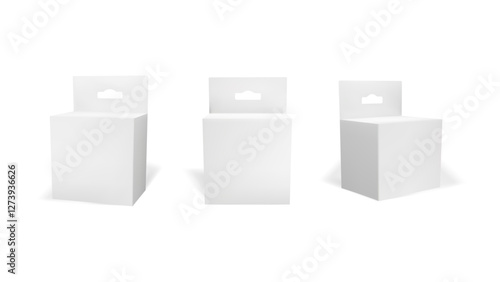 3d hang tab box mockup. White black pack for product. Small carton medicine container. Cosmetic cream or tea dummy shape paperboard with hanger. Cube packaging front and side. Plain slot cardboard.