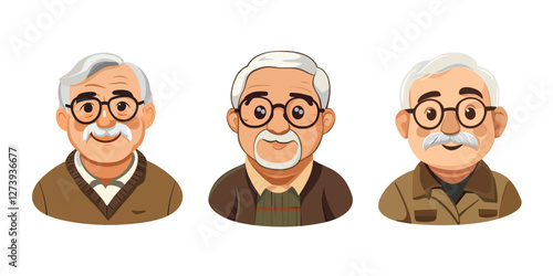 Set of Elderly man smiling. Old man's face with glasses are laughing happily. Happy granddaddy, grandfather character. Vector illustration isolated white background. kind grandpa with a mustache