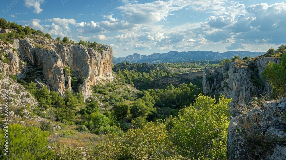 Obraz premium Serene Landscape of Rocky Cliffs Surrounded by Green Vegetation