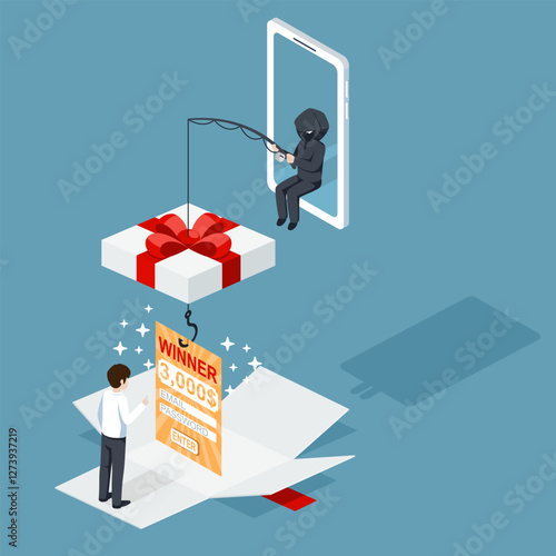 Thief Hacker sent a fake a gift reward. fraud scam and stealing user information by pretending to win a prize. Vector illustration flat design for cyber criminal awareness concept.