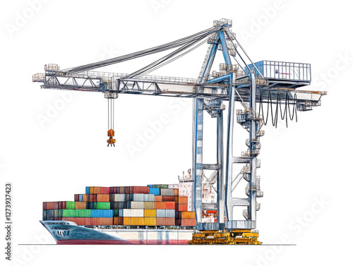 Isolated Container Crane with Cargo Ship