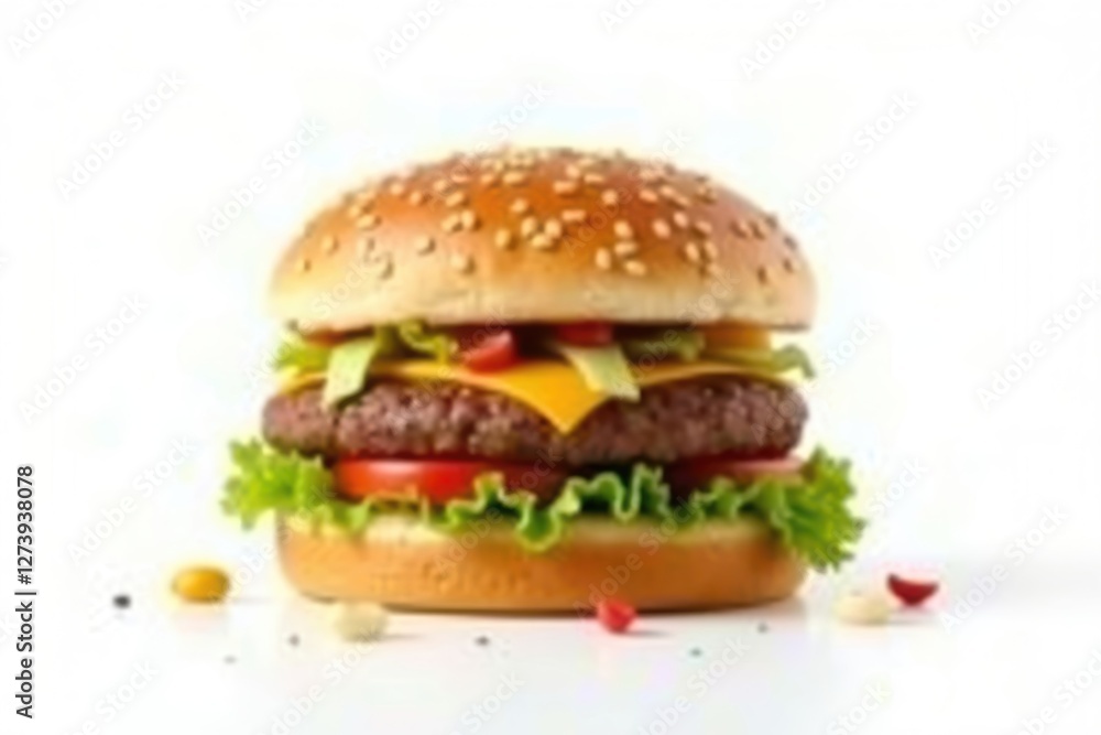 Juicy hamburger with sesame seed bun and fresh toppings on clean background Juicy hamburger with sesame seed bun and fresh toppings on clean background