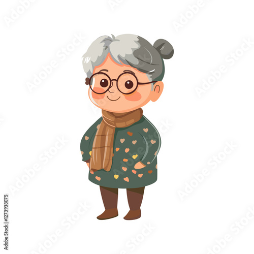 Cute Grandmother with glasses vector chibi style design isolated on white, lovely grandma, elderly woman cartoon