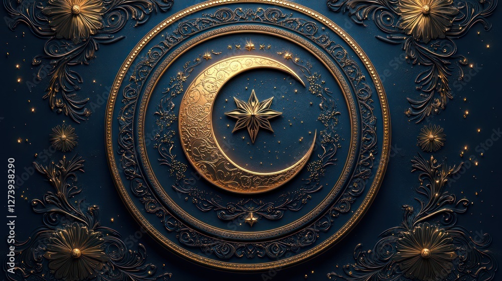 Naklejka premium A regal background with intricate golden and teal ornaments, elegantly framing a soft crescent moon and star, exuding grace and sophistication.