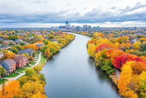 Minneapolis aerial in autumn, with colorful fall foliage lining the Mississippi River and surrounding neighborhoods