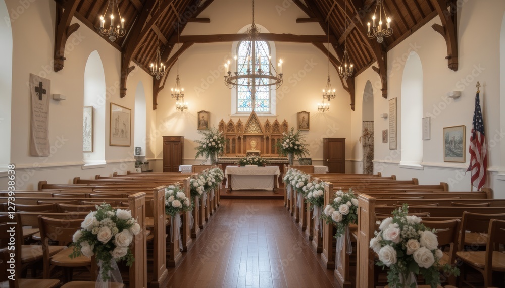 Fototapeta premium Elegant church interior decorated with white flowers and floral arrangements creating a serene and inviting atmosphere for a wedding ceremony