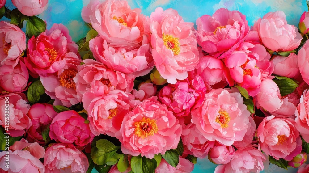 Beautiful pink peonies arranged artistically on a blue background showcasing vibrant colors and floral beauty Beautiful pink peonies arranged artistically on a blue background showcasing vibrant colors and floral beauty
