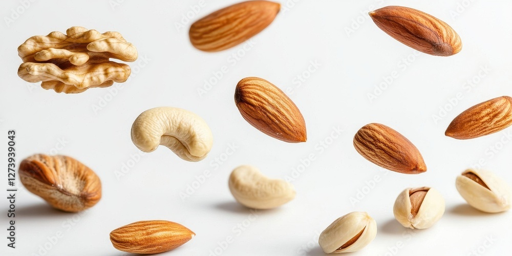 Assorted nuts scattered on a light background, showcasing their unique shapes and textures. Assorted nuts scattered on a light background, showcasing their unique shapes and textures.