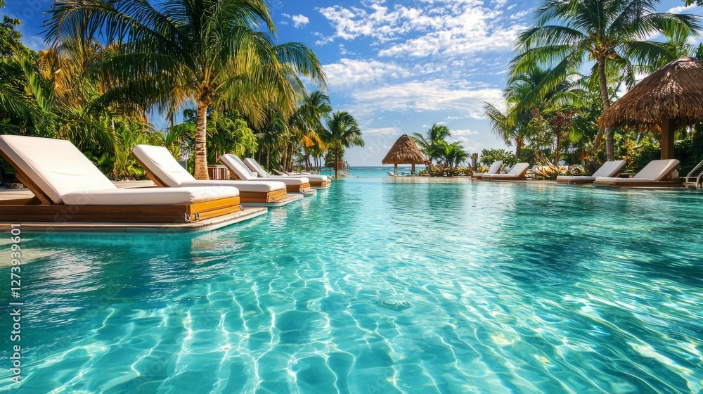Fototapeta premium Serene Tropical Pool Oasis with Palm Trees and Clear Blue Sky