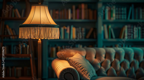 A tall, elegant floor lamp with a fringed fabric shade standing in a cozy reading nook, with a blurred bookshelf and armchair. photo