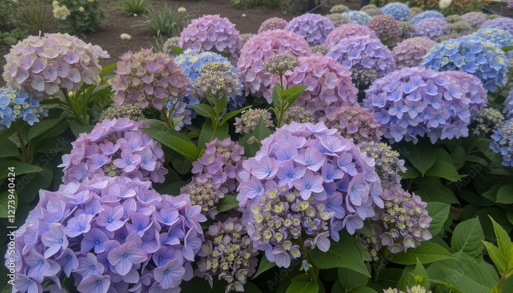 Vibrant display of purple and blue hydrangea flowers creating a colorful and eye-catching floral scene Vibrant display of purple and blue hydrangea flowers creating a colorful and eye-catching floral scene