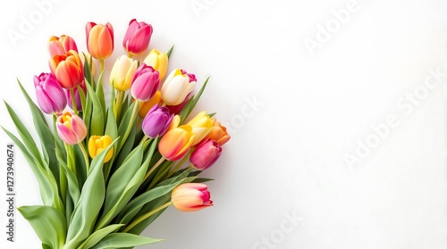 Colorful Arrangement of Vibrant Tulips on a White Background, generator AI