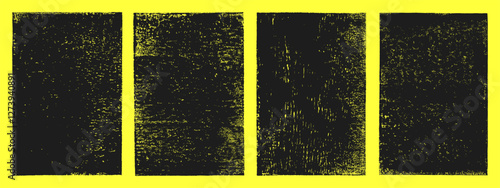 Linocut, relief block printing rectangle 2:3 shapes rough grunge textures set. Black linocutting textured backgrounds collection, text frames. Paint roller worn scuffed stains, lino ink grungy remains