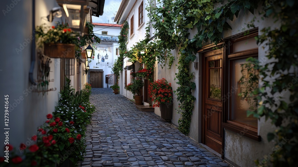 Fototapeta premium Charming cobblestone alleyway adorned with vibrant flowers and greenery, evoking a serene atmosphere