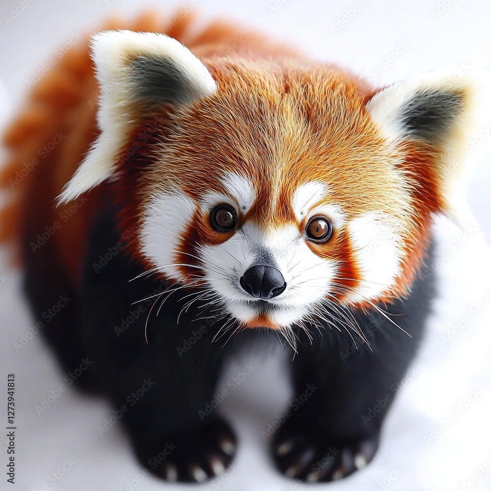 Obraz premium Captivating full shot of a red panda looking directly at the camera with curious eyes, showing its vibrant fur and expressive face, set against a bright backdrop.